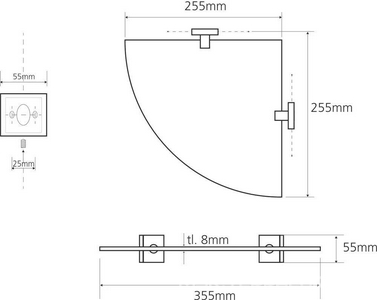 Полка для ванной стеклянная 255x255x55мм, (цв. хром),  ZZ Bemeta Beta 132102012