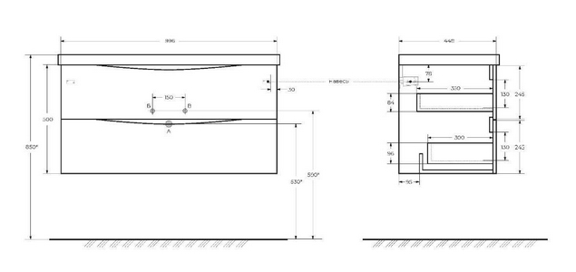 База под раковину подвесная с двумя выкатными ящиками, 1000х445х500мм, (цв. Crema Opaco),  ZZ BelBagno Marino MARINO-1000-2C-SO-CO-P