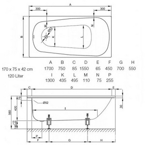 Ванна 170х75хh42(56)см,с шумоиз,(БЕЗ ножек арт.B23-1500),(цв.белый),(д/станд.слива-перел.), ZZ Bette Bette Form Safe 3710-000 AD
