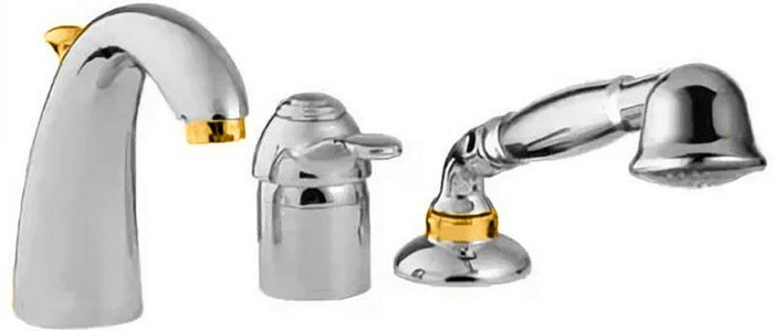 Смеситель для ванны встраиваемый в борт, на 3 отв., шланг, лейка в компл.(цв.хром/золото)  ZZ 3M Miss 1665 CD