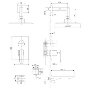 Комплект встраиваемого смесителя для ванны/душа (смеситель с внешней и встраив.частью, лейка, шланг, верхний душ с кронштейном, излив), цв.хром ZZ Lemark Contest LM5822CW