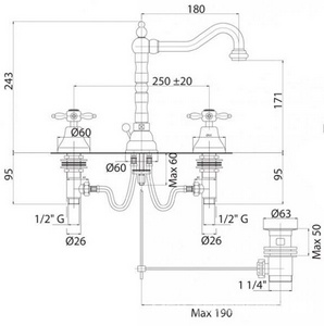Смеситель для раковины, на три отверстия, Высокий, с д/к, (цв.бронза),  ZZ Cezares Nostalgia NOSTALGIA-BLS2-02