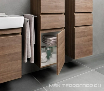 Шкаф пенал подвесн. 390хh1050х360мм, правый/левый, 2 дверцы, 1 выдв.ящик, крепёж в комп., (цв. Пекан),  ZZ Geberit Renova Plan 501.922.JR.1