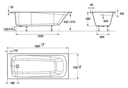 Акриловая ванна  170x70, прямоугольная (БЕЗ каркаса и панели) ZZ Jacob Delafon Patio E6812RU-01