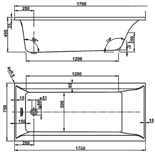 Ванна прямоугольная 170x75xh45см, без панели и каркаса, (акрил цв.белый), Veronela ZZ Vagnerplast veronela VPBA170VEA2X-04