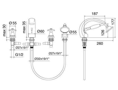 Смеситель для ванны, встраиваемый в борт ванны с душ. гарн. на 4 отв. (цв.золото) Nuova Retro ZZ 3M Nuova retro 4171 DD