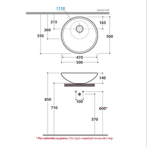 Раковина накладная на столешницу, круглая d500хh140мм, без отв.д/смесит., без перелива, керамическая пробка слива в компл., Lavabo da appoggio ZZ Globo Lavabo da Appoggio LAT50.BI
