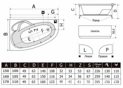 Ванна  (правая) "Стандарт",  без г/м, 170х110х58,5см,  на раме, слив/перелив в компл., БЕЗ ПАНЕЛИ, ZZ Thermolux Talia Talia 170 P стандарт БЕЗ ПАНЕЛИ