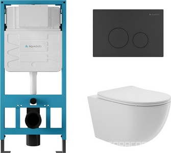 Компл.: унитаз подвесн.,безободк.,525х360мм,цв.белый глянц., сиденье с микролиф,,инстал. д/унит., крепёж, клавиша смыва Circulo цв.черный мат.,  ZZ Aqueduto Ovo AQDS020