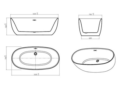 Ванна1600х800х580 мм, акрил, отдельностоящая, слив-перелив цв.хром в комплекте, цвет белый Vincea ZZ Vincea Ванны VBT-206