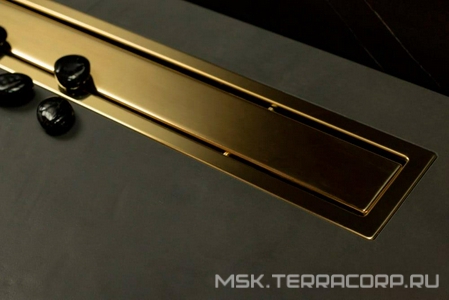 Дренажный канал 850хh71/117мм,готов компл,сифон d50 выход вбок 48л/мин,ножки, 2х сторон.решётка/полая под плитку(цв.золото 24К глянец)Prem Gold LineZZ Pestan Premium Gold Line 13100055