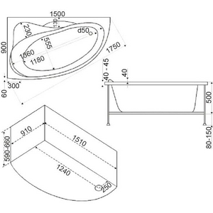 Ванна акрил.  правая 150х90 см (БЕЗ каркаса n039633 и сифона 19649) Bas Вектра В 00008