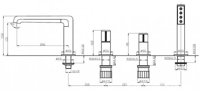 Смеситель для ванны, встраиваемый в борт, на 4 отверстия, с душ.гарнитуром, (цв.хром), Uno ZZ BelBagno UNO UNO-BVD4-CRM