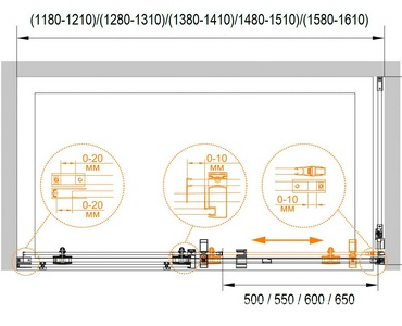 Душевая дверь (1580-1610) х1950 мм,  1сегм. раздвиж, вход 600 мм, 1 неподв.,(стекло-прозрачное 8 мм, профиль-хром), Stylus ZZ Cezares Stylus M STYLUS-O-M-BF-1-160-C-Cr