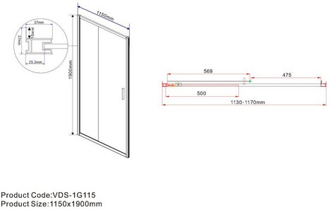 Дверь для душа, в нишу 1150хh1900мм, раздвижная, 1 дверь, 1 неподв.секция, правая/левая, (стекло прозрачное 6мм, фурн.цв.черный мат.),  ZZ Vincea Garda VDS-1G115CLB