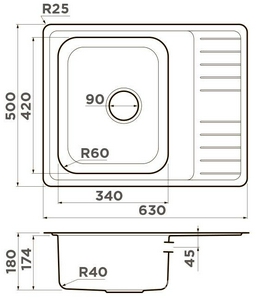 Мойка кухонная встраиваемая сверху, 63x50x18 см, сифон в комплекте, нержавеющая сталь ZZ Omoikiri Sagami 4993732