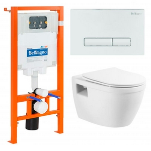 Комплект: унитаз подвесной безободковый, сиденье с микролифтом, инсталляция для подв.унитаза, крепёж, клавиша смыва цв.хром,  ZZ BelBagno Loto BB070CHR/SC/BB002-80/BB005-PR-CHROM