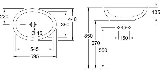 Раковина 595x440хh180мм, д/устан. на столешн., без отв.д/смес., с переливом, крепёж, стержень для д/к в компл, (цв.R1 white cer+), Aveo new gen ZZ Villeroy & Boch Aveo New Generation 413260R1