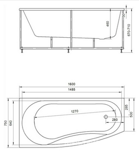 Ванна акриловая угловая  Пандора 160х75 см, левая,  в комплекте слив-перелив, каркас и ФРОНТАЛЬНАЯ ПАНЕЛЬ ZZ Акватек оракул PAN160-0000038