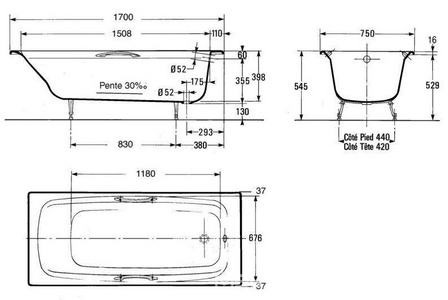 Ванна  170x75 без отверстий под ручки, без ножек ZZ Jacob Delafon Diapason E2937-00