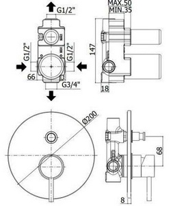 Смеситель для душа, встраиваемый в стену, с переключателем, (цв.steel looking),  ZZ Paffoni Light LIG015ST