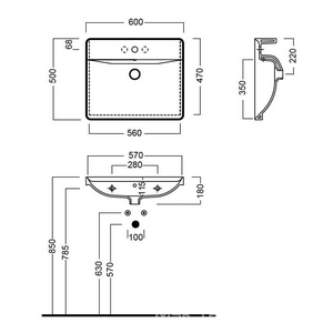 Раковина 600х500мм, подвесная/накладная, с 1 отверстием для смесителя, (крепл. в комплекте),  ZZ Hatria Canalegrande Y1EJ