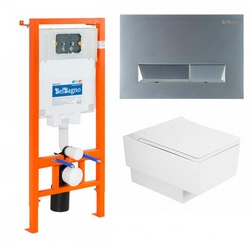 Комплект: унитаз подвесной безободковый, сиденье с микролифтом, инсталляция для подв.унит,крепёж,клавиша смыва цв.хром мат., Belbagno+Cezares Cadro ZZ