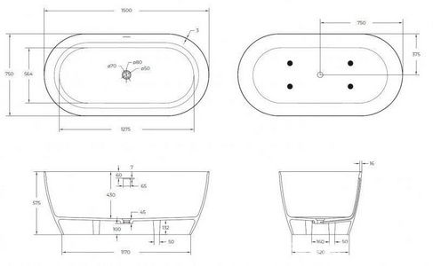 Ванна 1500х750хh570мм, отдельностоящая, интегрир.слив перелив, д/к в цвет ванны в компл.,(иск.камень Solid Surface цв.белый мат), Relax ZZ Cezares relax CZR-RELAX-150-75-57-SSB