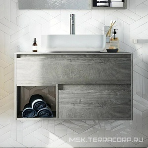 Тумба подвесная "" 90 см, цвет "дуб рошелье", БЕЗ раковины Sanita luxe Quadro-90 ZZ STWORKI Карлстад 00249987