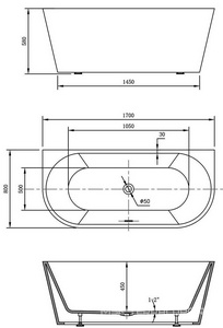 Ванна 1700х800хh580мм, пристенная, интегрир.слив перелив, д/к цв.хром в компл.,(акрил цв.белый матовый), Vincea ZZ Vincea Ванны VBT-421-1700MW