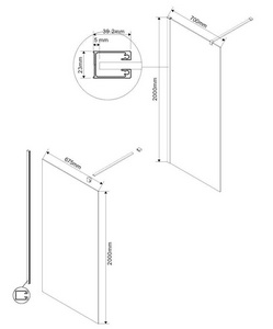 Душевая перегородка 700хh2000мм, правая/левая, (стекло прозрач.8мм, поперечн. укорачиваемый кронштейн 1200мм, фурнит. цв.черный матовый),  ZZ Vincea Walk-In VSW-1H700CLB