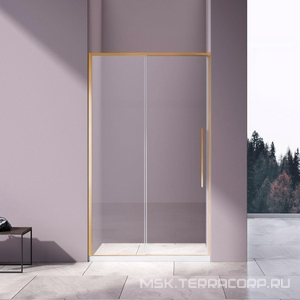 Дверь для душа, в нишу 1300хh1950мм, раздвиж, 1 дверь, 1 неподв.секция, правая/левая, (стекло прозрач.6мм Easy Clean, фурн.цв.браш.золото),  ZZ Vincea Slim-N VDS-4SN130CLG