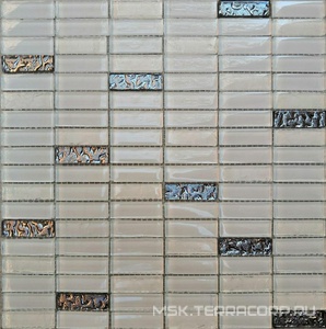 Мозаика Мозаика 1086 микс белый-белыйколотый-платина рифленный низ 15х48 ZZ|30х30 XX Мастера Керамики Glass МС 1086
