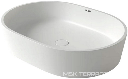 Раковина накладная 550х400х120мм, без отверст. для смесит., без перелива, д/к в цвет раковины в компл.,(иск.камень Soft rock цв.белый мат),  ZZ Holbi Ariel 1.02.011.11.1