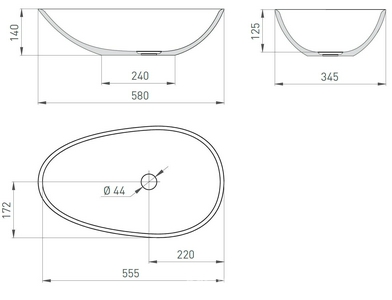 Раковина накладн. на столешн,овал.580х345хh140мм,без отв.д/смес,без перелива,литой камень S-Stone, матов цв.RAL7024 серый графит полностью,  ZZ Salini Paola 1101201SMRF / RAL7024 Graphite grey (Графитовый серый мат)