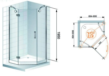 Душ. уголок 900х900хh1950мм, пятиугольный, расп.дверь петли справа, с 2-мя неподв.сегм., вход 595мм, (стекло прозр., 8мм, фурн. цв.золото),  ZZ Cezares Magic MAGIC-P-1-90-C-G-R