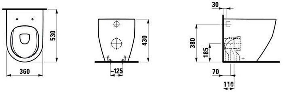 Унитаз пристенный 36х53см, безободковый, установка со скрытым в стене бачком, без сиденья, крепл. к полу в компл.,  ZZ Laufen Laufen Pro 8.2295.6.000.000.1