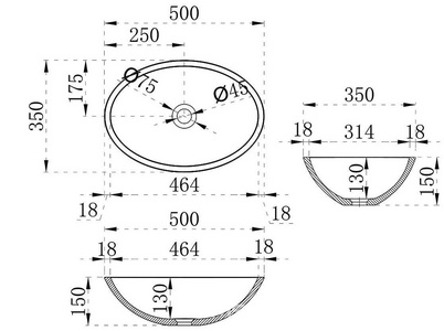 Раковина накладная 500х350х150мм, без отверстия для смесителя, без перелива, (полиэфирная смола цв.черный глянец), Vincea ZZ Vincea Раковины VBS-6T11B