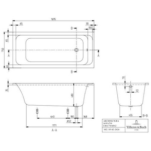 Ванна 1700(1695)х450хh500мм, (без ножек и слива-перелива), (акрил цв. 01 white alpin),  ZZ Villeroy & Boch Architectura UBA170ARA2V-01