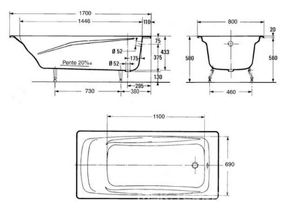 Ванна REPOS без отверстия для ручек /170x80/, без ножек ZZ Jacob Delafon Repos E2918-00