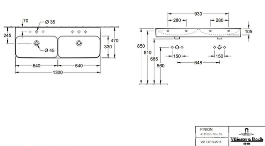 Раковина 1300х470мм, без отв. д/смес., с переливом, для установки с мебелью  (цв. R1 white ceramicplus),  ZZ Villeroy & Boch Finion 4139D5R1