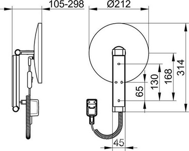 Зеркало косметич. 212х212мм, круг., на кронштейне с шарниром,с подсветкой 1х4,5Вт, увелич х5,провод, стекл.сенс.панель,(СЛОЖНЫЙ МОНТАЖ), iLook move KL Keuco ILook move 17612 019000