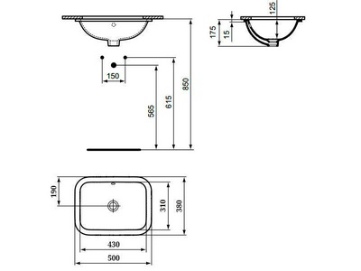 Раковина для установки под столешницу, прямоуг. 500(430)х380(310)хh190мм, без отв. д/смес.,с переливом, шаблон, крепёж в комп.,  ZZ Ideal Standard Connect E505801