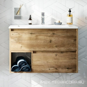 Тумба подвесная "" 75 см, цвет "дуб рустикальный", БЕЗ раковины Sanita luxe Quadro-75 ZZ STWORKI Карлстад 00249979
