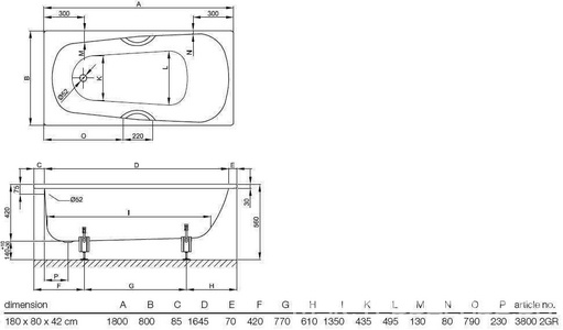 Ванна 180х80хh42(56)см,с шумоиз, (БЕЗ ручек арт.B080-901cr, без ножек арт.B23-1500), (цв.белый с Glaze Plus),(д/станд.слива-перел.), KL Bette Bette Form Safe 3800-000 2GR, AD, PLUS