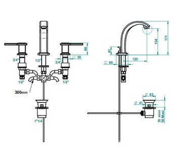 Смеситель для раковины на 3 отв. с д/к (цв.хром, на ручках вставки черного хрусталя Lalique), stal ZZ THG Metropolis Black Cri A2M-A02-151