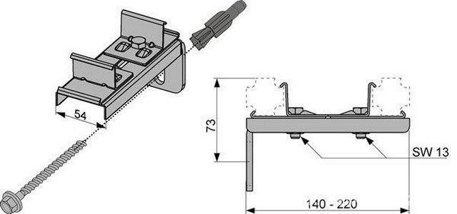 Крепление двойное 140-220мм, (кронштейн, анкер, дюбель) для сборки профилей, (оцинкованная сталь),  ZZ Tece TECEprofil 9030011