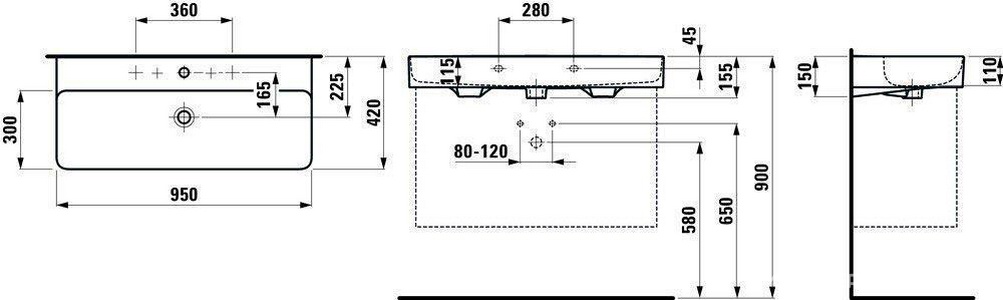 Раковина 950х420хh115(155)мм, с 1 отв.д/смесит.,  ZZ Laufen Val 8.1028.7.000.104.1