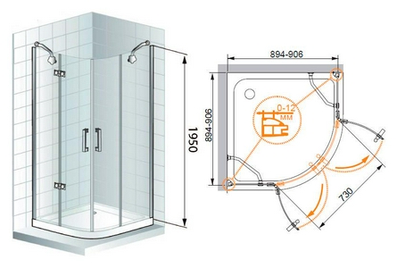 Душ. уголок 900х900хh1950мм, 1/4 круга, R550мм, 2 расп.двери, вход 730мм, с 2-мя неподв.сегм., (стекло прозрачн, 8мм, фурн/золото), Magiс ZZ Cezares Magic MAGIC-R-2-90-C-G