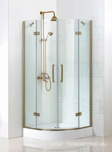 Душ. уголок 900х900хh1950мм, 1/4 круга, R550мм, 2 расп.двери, вход 730мм, с 2-мя неподв.сегм., (стекло прозрачн, 8мм, фурн/золото), Magiс ZZ Cezares Magic MAGIC-R-2-90-C-G